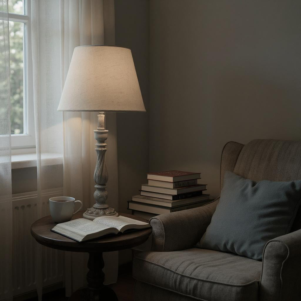 AcaciaHome Tall Washed Wood Table Lamp with Taupe Linen Shade – Shabby Chic & Farmhouse Lighting