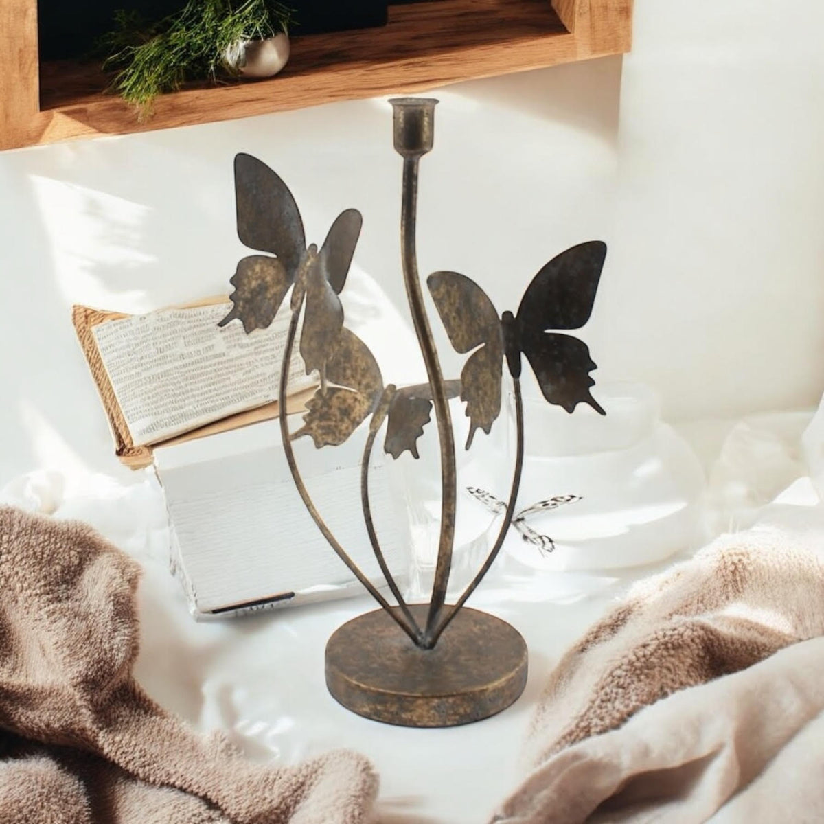 Butterfly Candle Holder 34cm – Gold Metal Art Deco Home Decor, Gift Boxed