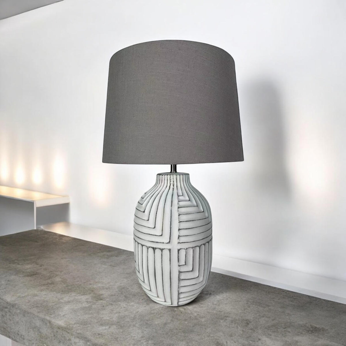 Oriental Floral Ceramic Table Lamp with Drum Shade – Large 50cm Hallway Lamp for Living Room or Bedroom, Stone Look