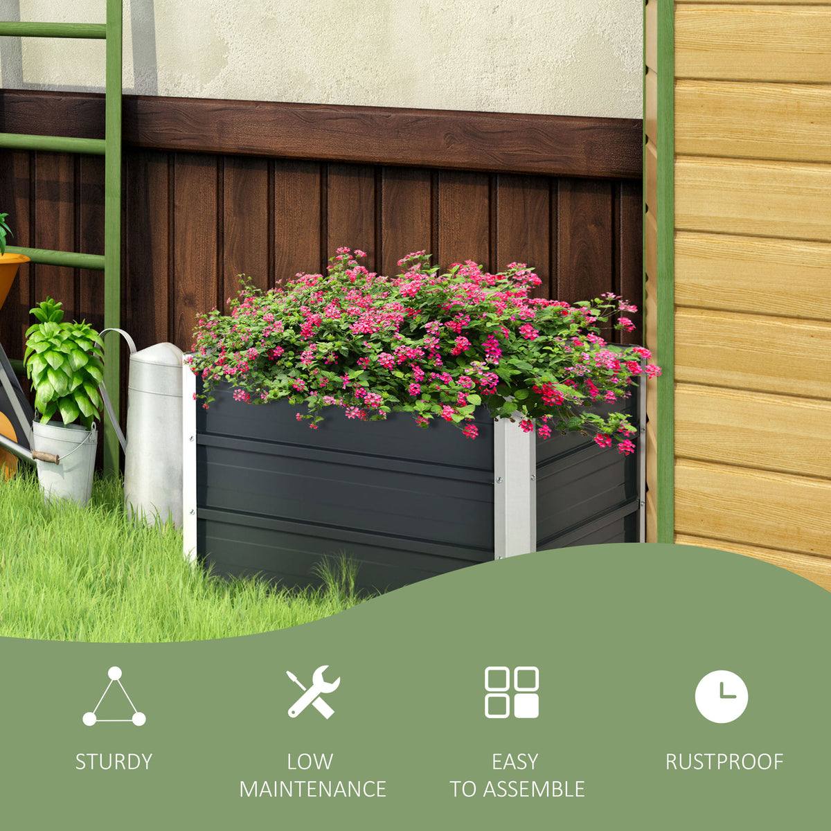 Outsunny Raised Garden Bed with Rustproof Metal Frame & Gloves – Elevated Planter Box, Grey