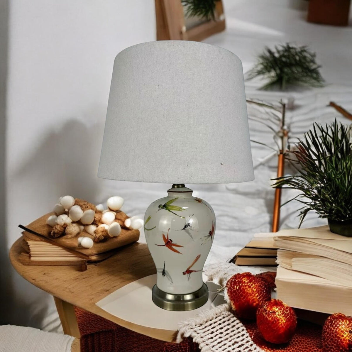 AcaciaHome Oriental Floral Ceramic Table Lamp with Drum Shade – Large 65cm Hallway Lamp, Butterfly Design