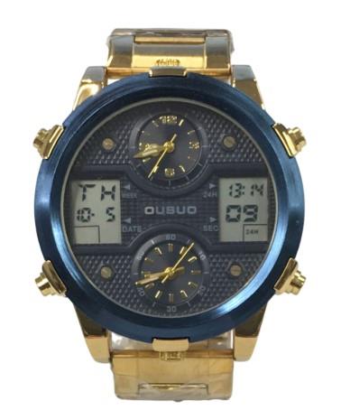 NY London Ousuo Men's Analogue-Digital Watch, Big Date, Blue Dial – Gold-Plated Bracelet