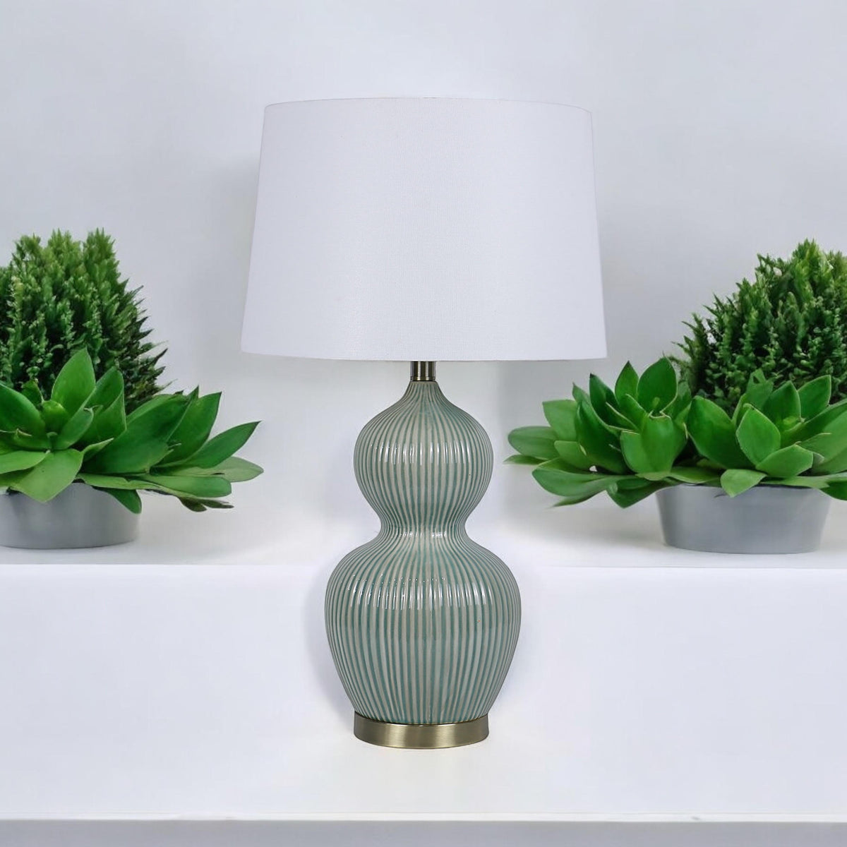 Cream Ceramic Table Lamp with Striped Base and Handmade Pleated Drum Shade – 3 Layer, 59cm Shade, Living Room or Hallway