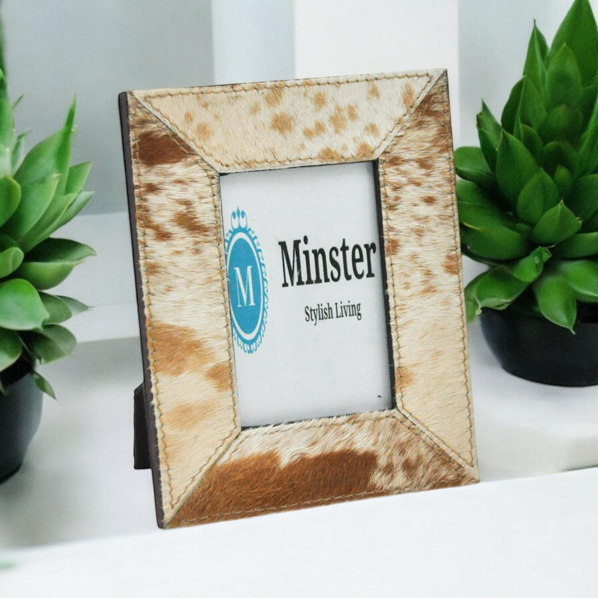 Tan and White Cow-Hide Photo Frame, 3.5" x 4" – Country Style Home Decor Picture Frame