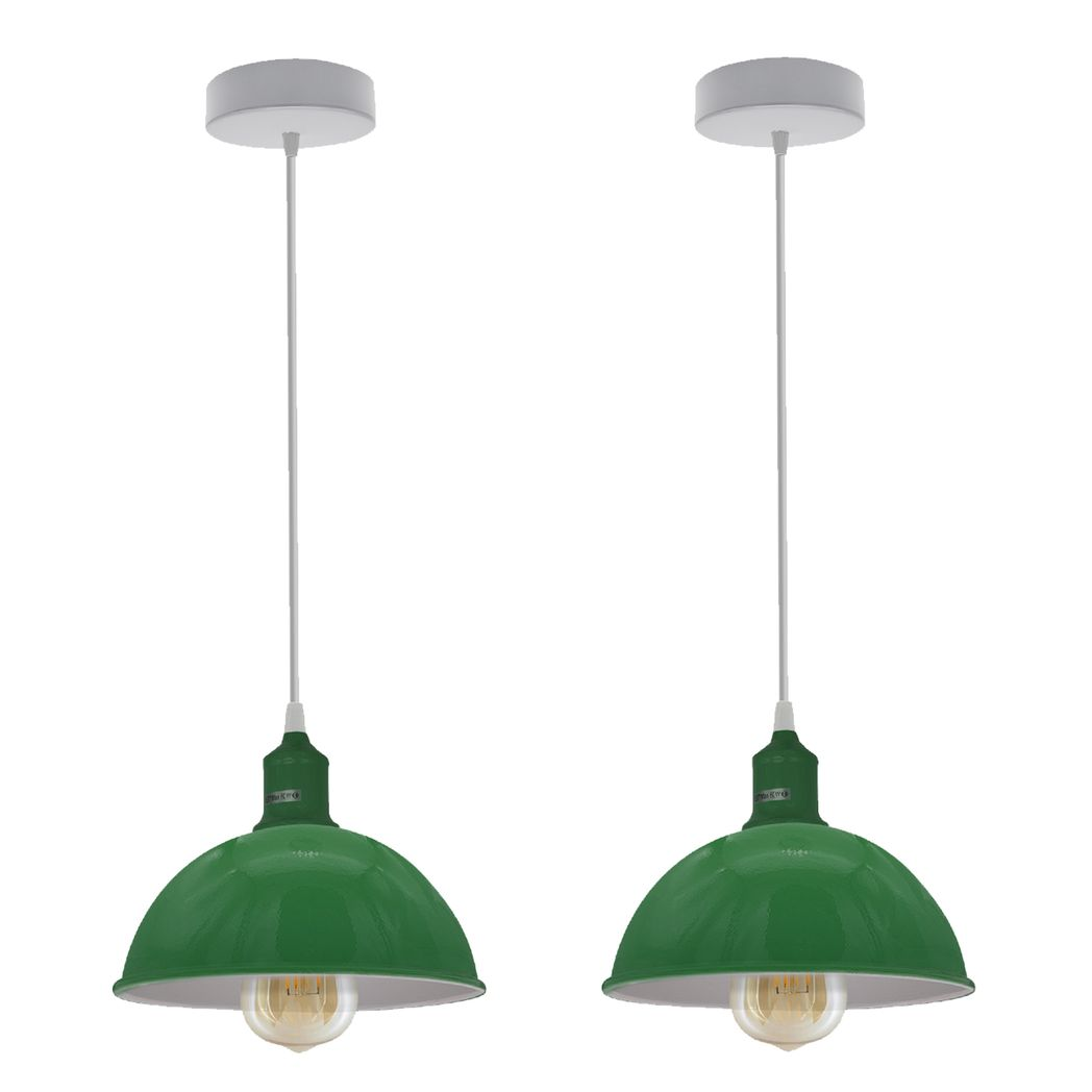 Loft Style Dome Metal Pendant Lights, Pack of 2 – 21 cm Green Shades with White Interior & E27 Holders