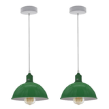 Loft Style Dome Metal Pendant Lights, Pack of 2 – 21 cm Green Shades with White Interior & E27 Holders