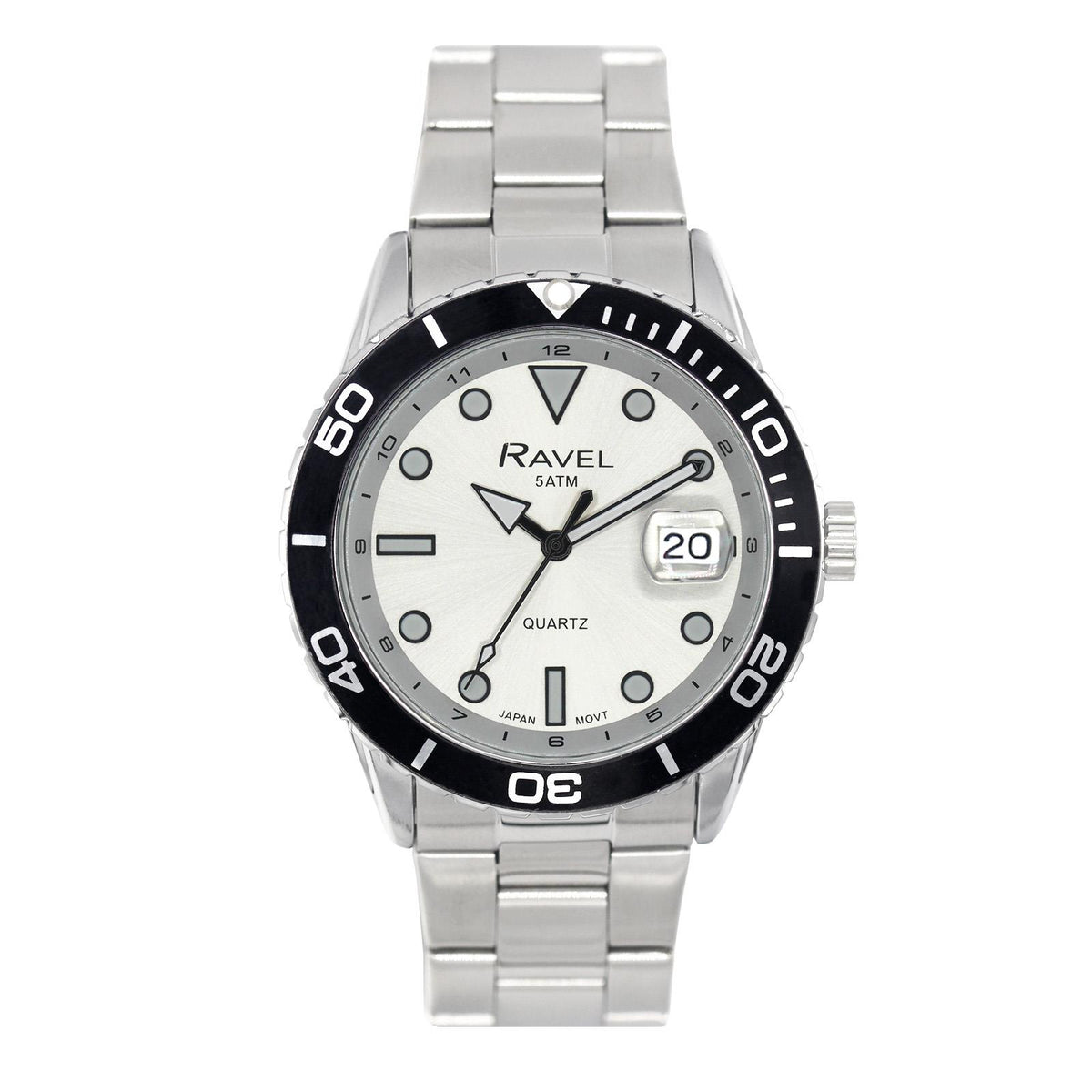 Ravel Men's 42mm Sports Watch with Date Dial, Uni-Directional Bezel and Silver-Plated Bracelet, 5ATM