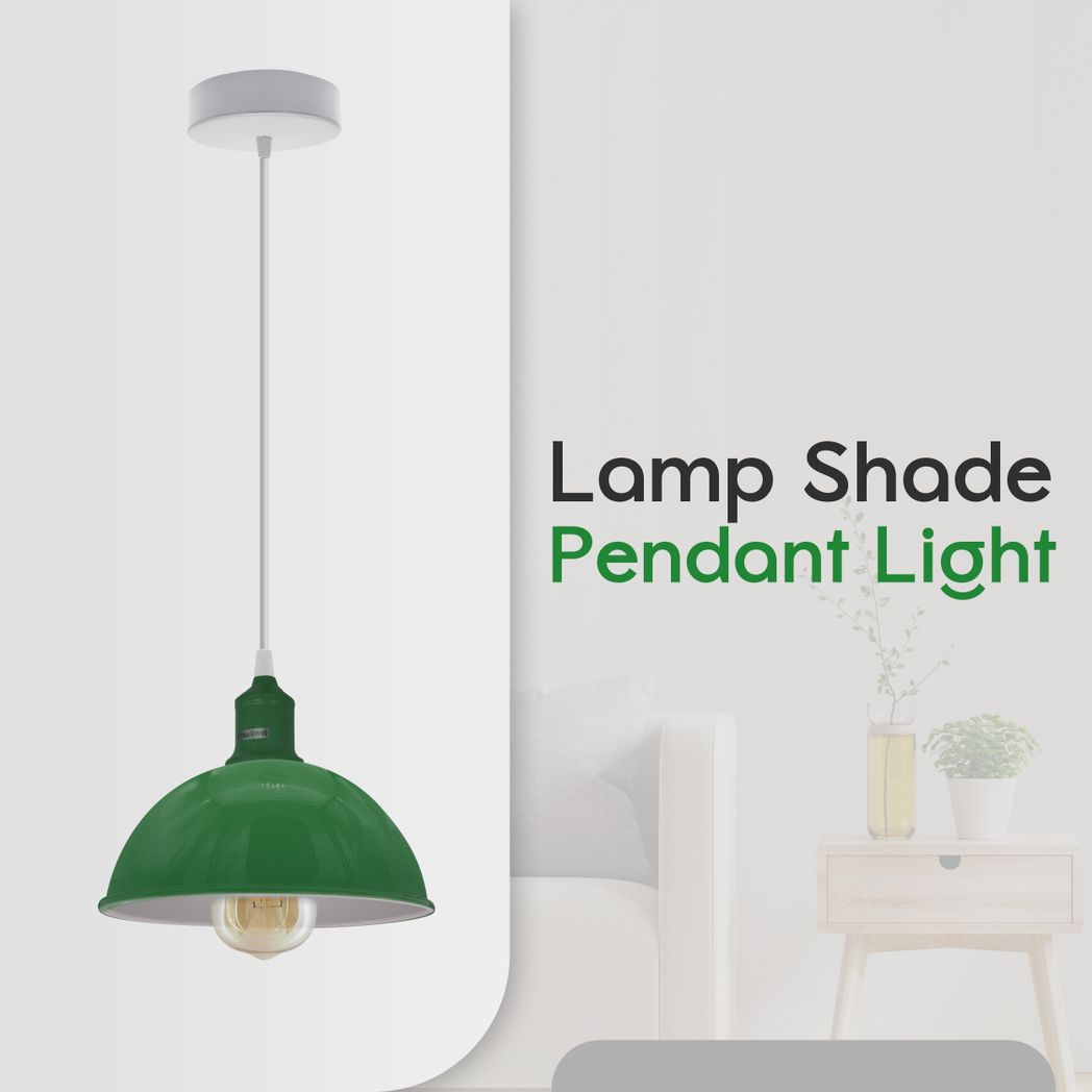 Dome Metal Pendant Lights, Set of 2 – Green Loft Style with White Interior, 21cm, E27