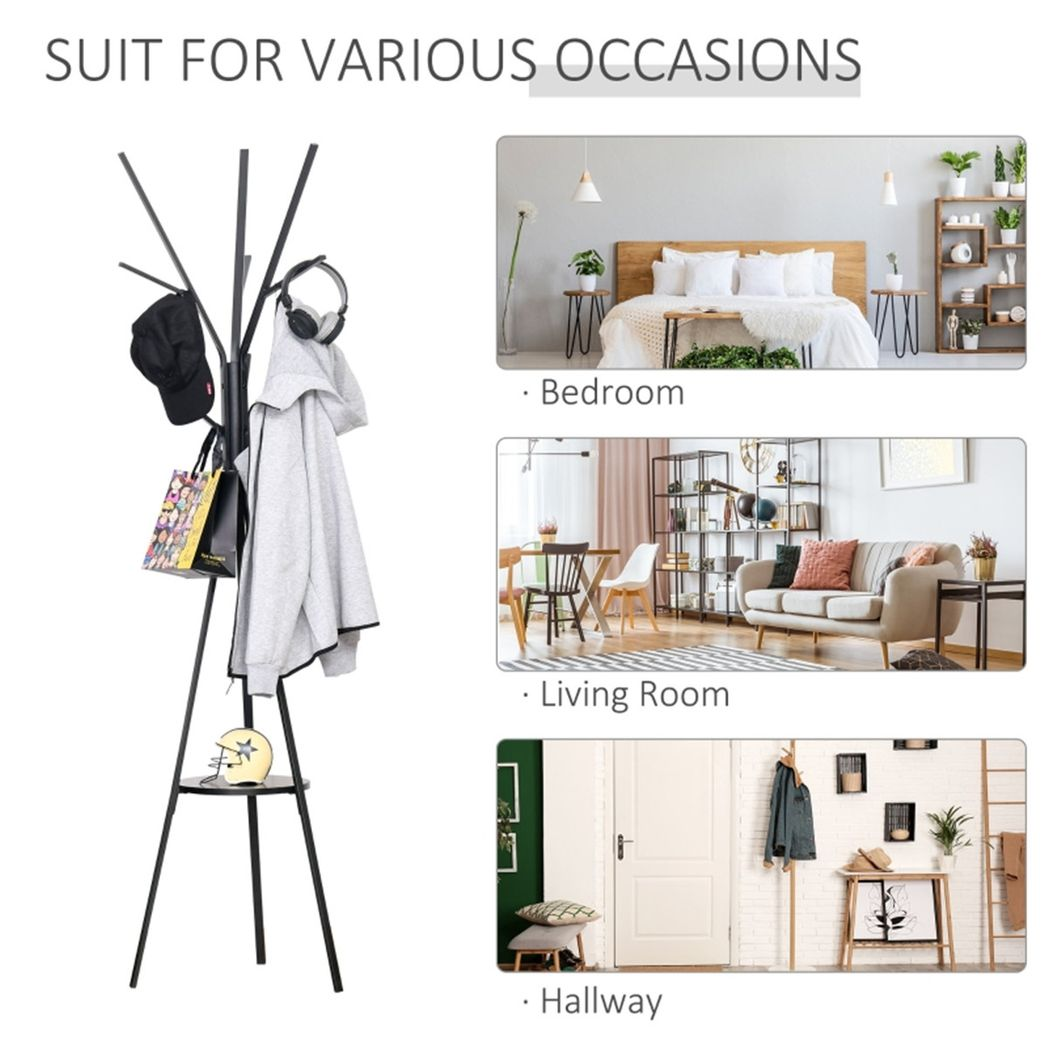 HOMCOM Tree Branch Coat Stand with 9 Hooks and Round Storage Shelf, 180cm, Black