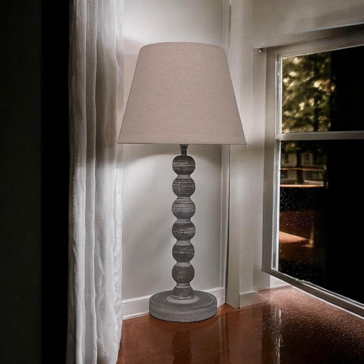 AcaciaHome Tall Wooden Washed Table Lamp, 42cm – Taupe Linen Empire Shade, Shabby Chic Style, Dark Grey