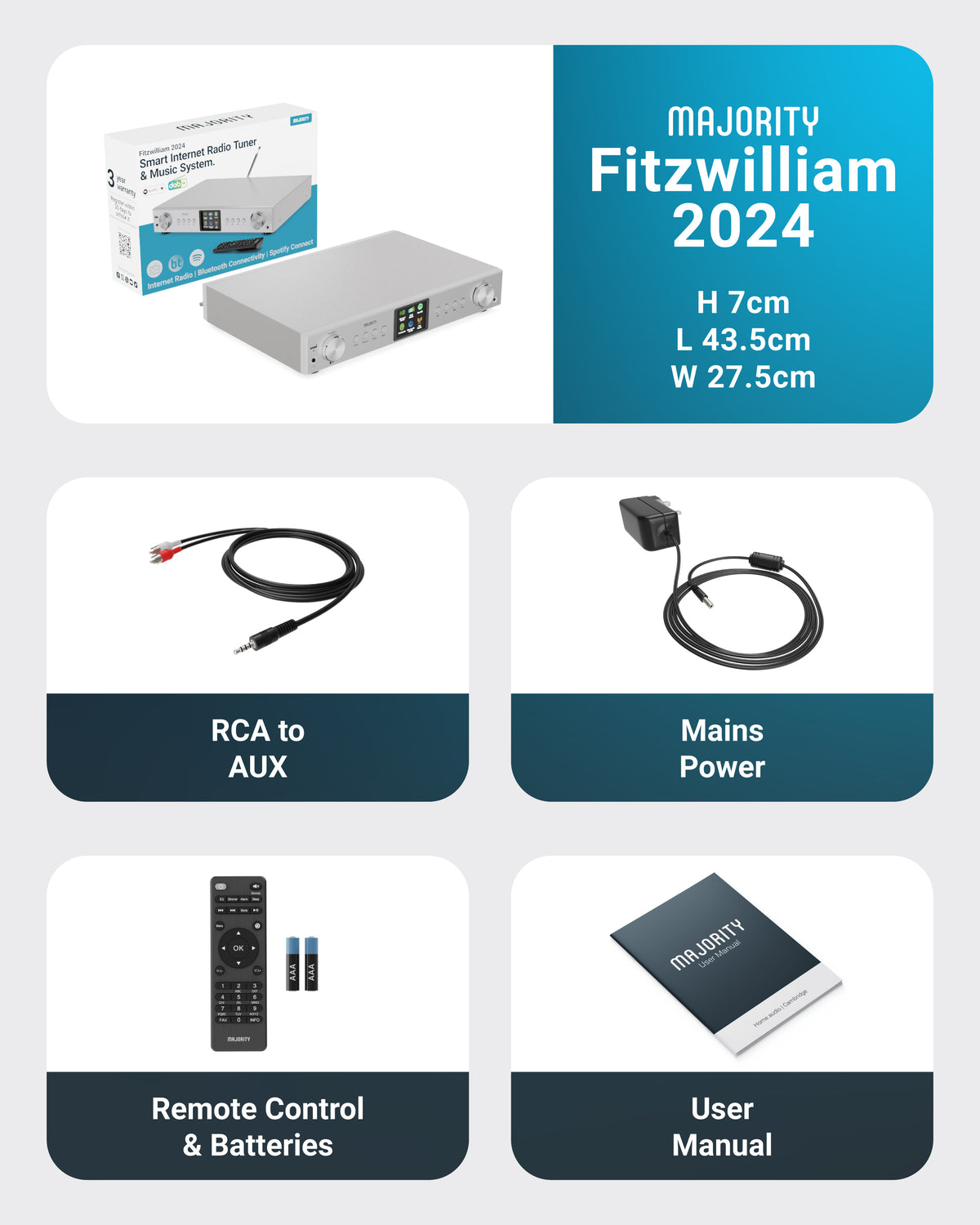 Majority Fitzwilliam 2 Hi-Fi System – Internet, DAB/DAB+ & FM Radio with Spotify Connect, Bluetooth, Silver