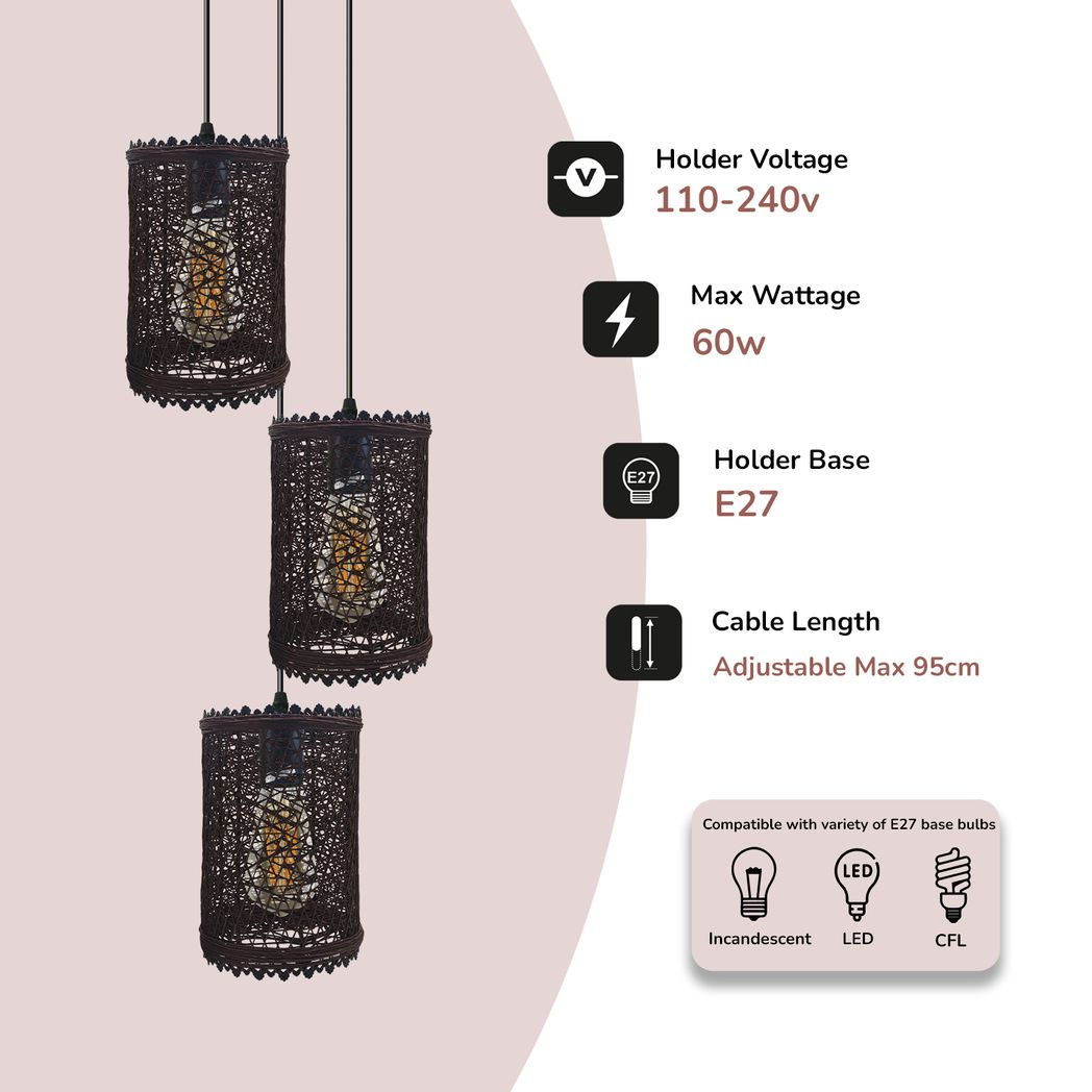 LEDSONE 3 Head Wicker Rattan Pendant Light with Round Base, E27 Holders & Adjustable Cords – Dining Lighting