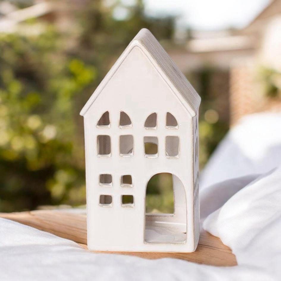 Ceramic House Tea Light Holder – Painted Village Pottery Candle Holder, Boxed Gift