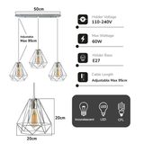 LEDSONE 3-Head Ceiling Pendant with 20cm Chrome Diamond Wire Cages – Vintage Industrial Rectangular Base