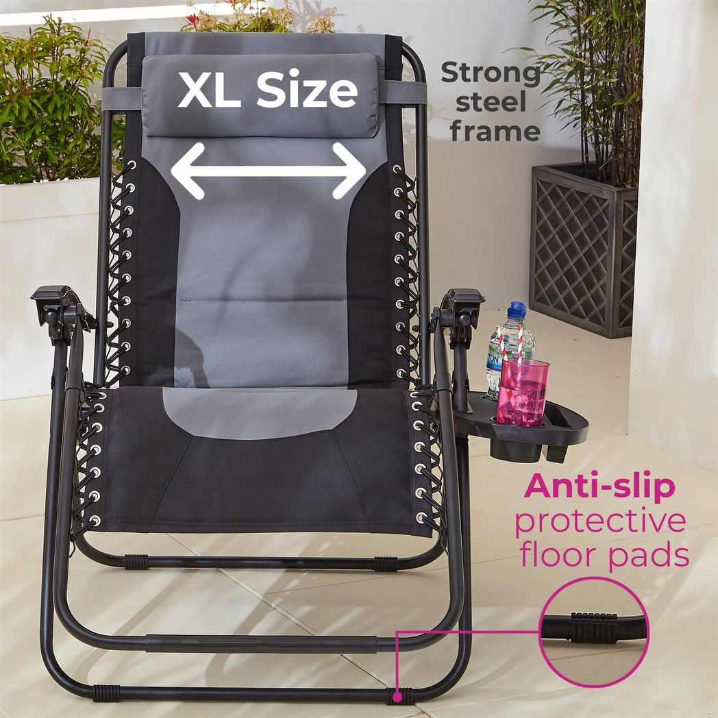 Neo Grey XL Zero Gravity Sun Loungers, Set of 2 with Detachable Tray & Headrest Pillow – Garden Recliners