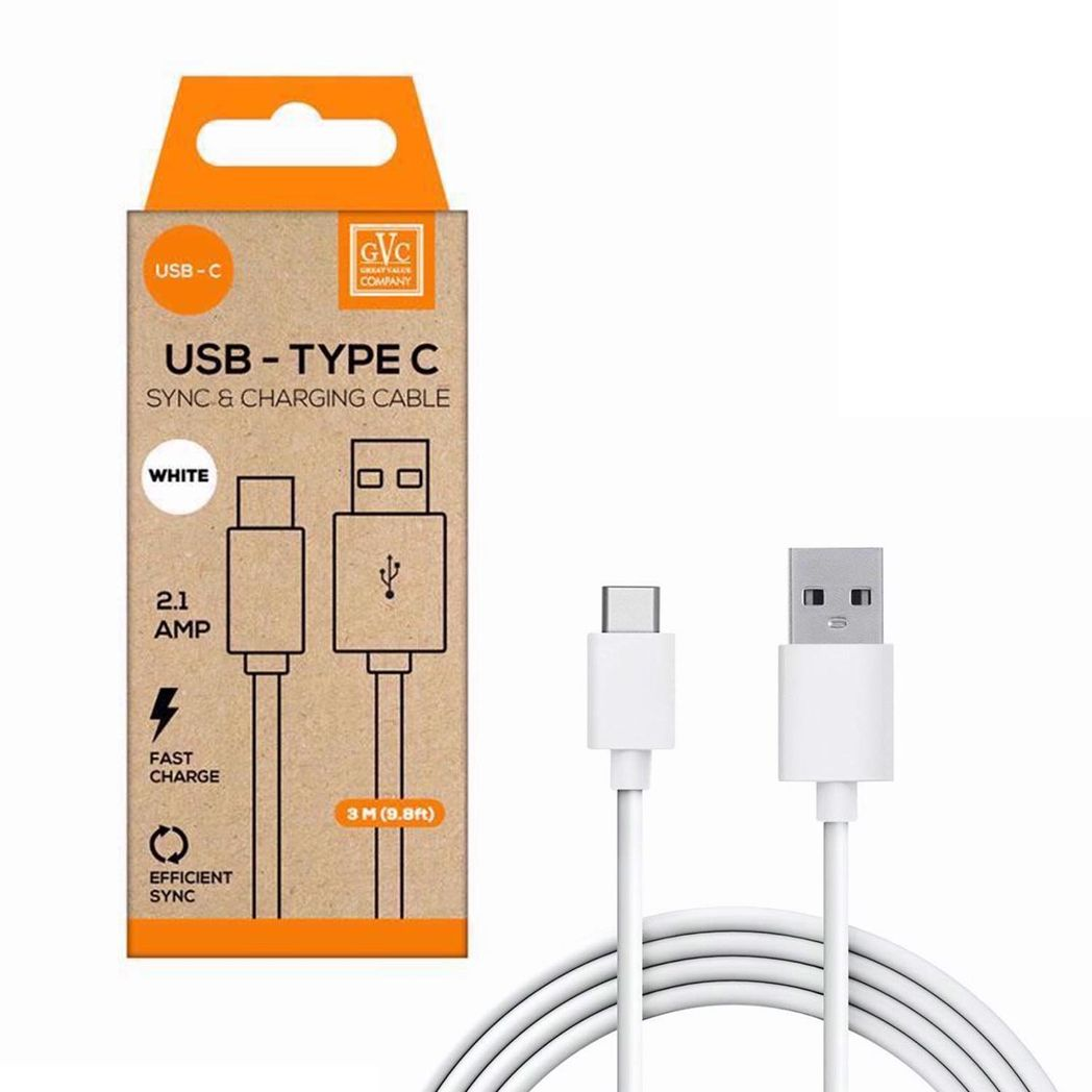 GVC USB to Type C Cable, 3m – Fast Charging and Data Syncing for Phone, Pad and PC, White