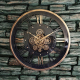 AcaciaHome Round Wall Clock with Roman Numerals and Moving Gears – Industrial Quartz Clock, Black & Gold 60cm