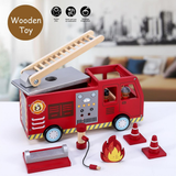 SOKA Wooden Fire Engine Playset with Extending Ladder, 4 Firefighter Figures & Hose – Kids Role Play Toy