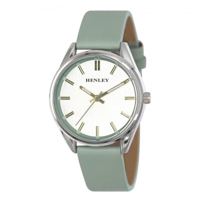 Henley Ladies Round Watch – Silver-Tone Case, Green Faux Leather Strap