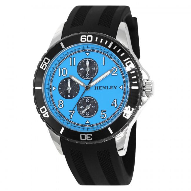 Henley Men's Multi-Eye Sports Watch – Blue Dial, Polished Silver, Black Silicone Strap