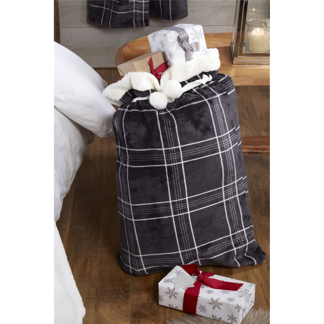 Sleepdown Check Fleece & Sherpa Christmas Sack with Pom-Pom – 68 x 50cm Reusable Santa Sack
