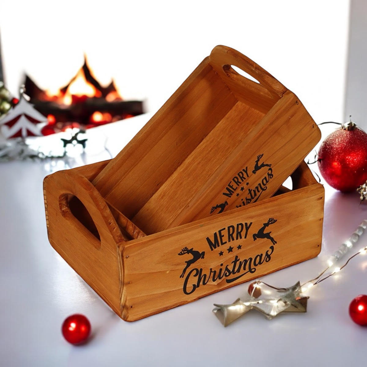 Vintage 'Merry Xmas' Wooden Storage Crates, Set of 2 – Hand-Painted Brown Festive Decor Boxes