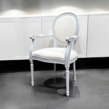 Louis-Style Cream Linen Armchair with High Back – 94cm French Dining Chair, Grey Frame