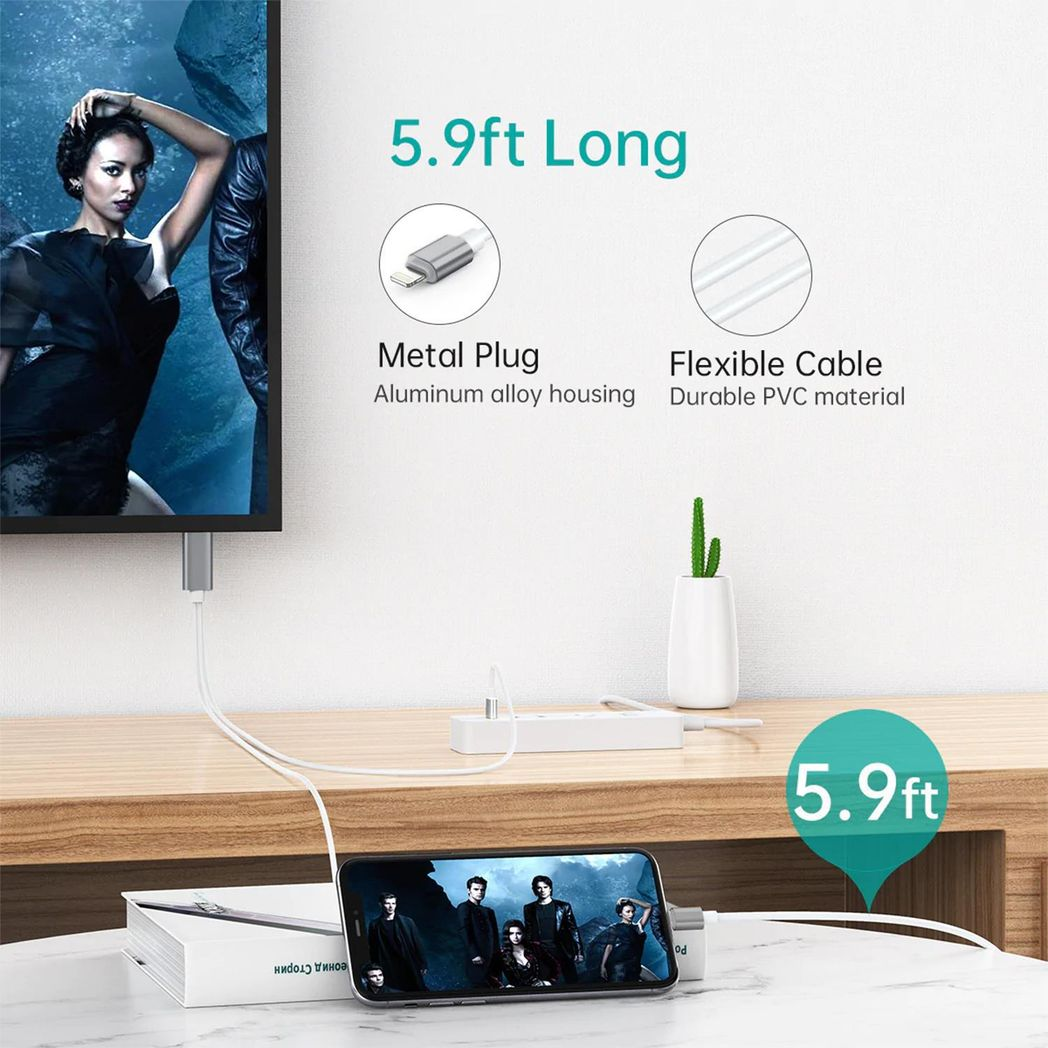 Aquarius Full HD HDMI Adapter Cable for 8-Pin Phone & Pad – 1080p TV Mirroring, Space Grey