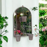 AcaciaHome Vintage Rusty Metal Wall Mirror with Triple Planter 3 Pots Holder – 70cm Arch Design