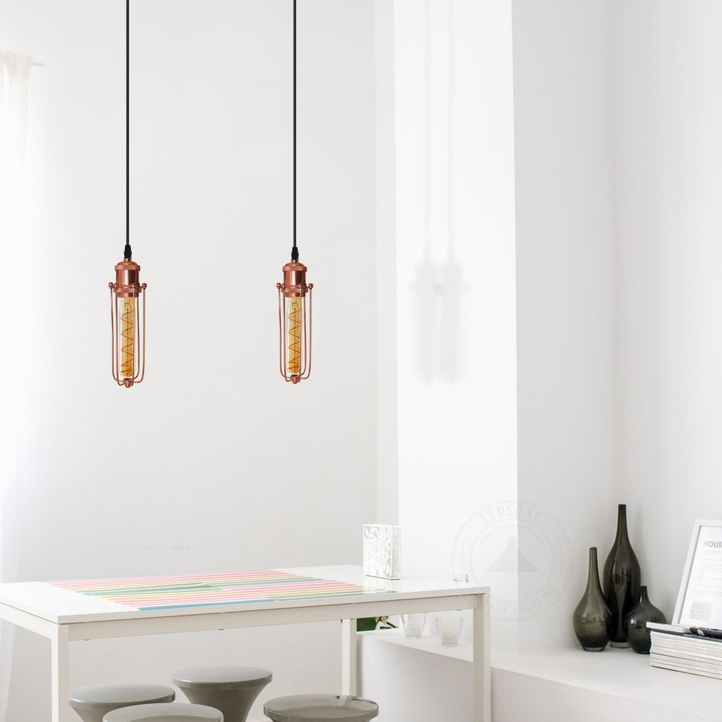 LEDSONE Rose Gold Wire Cage Pendant Light with 95cm Adjustable Cord – Industrial Vintage E27 Lamp