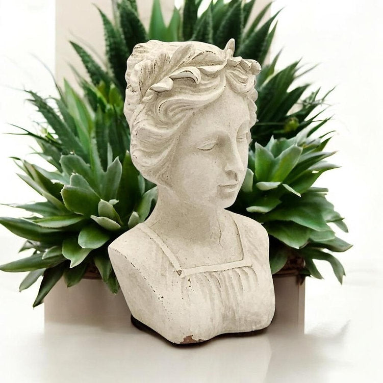 Roman Lady Bust Sculpture – Art Deco-Inspired Stone-Look Cement Statue with Patina Finish, Weatherproof