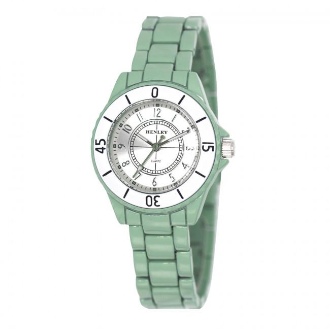 Henley Ladies Enamelled Round Watch – Silver Sunray Dial, Green Bracelet