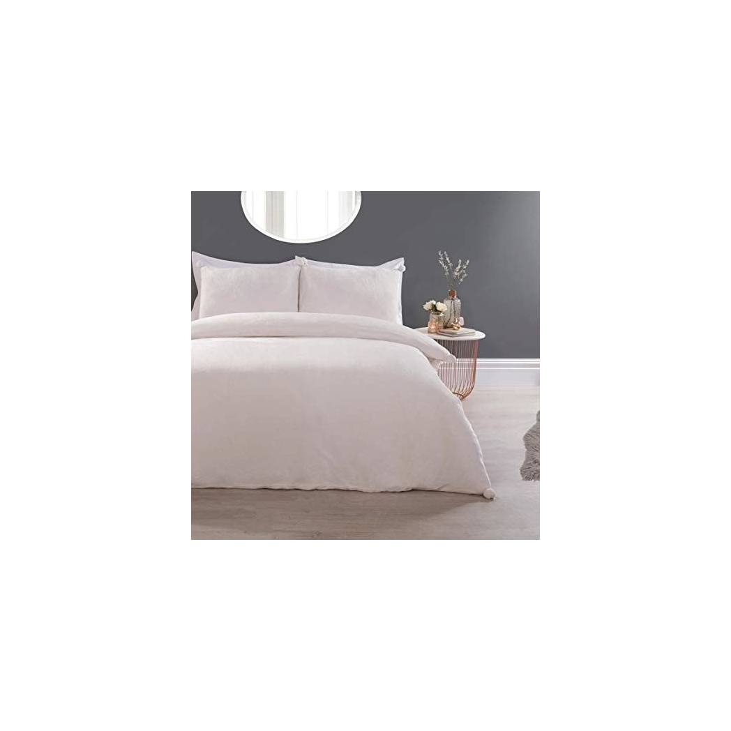 Sleepdown Pom Pom Flannel Fleece Duvet Cover Set with Matching Pillowcases – Cosy Fleece Bedding, Cream