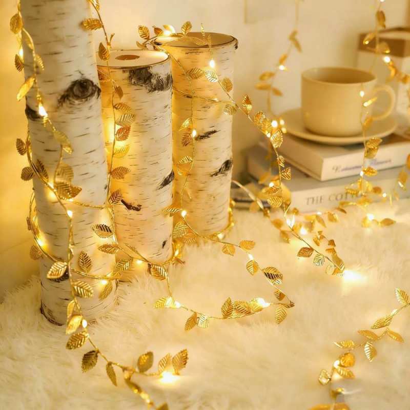 Avilo 4m Battery Operated String LED Lights with 40 Warm White LEDs – Gold Leaf Garland Decor