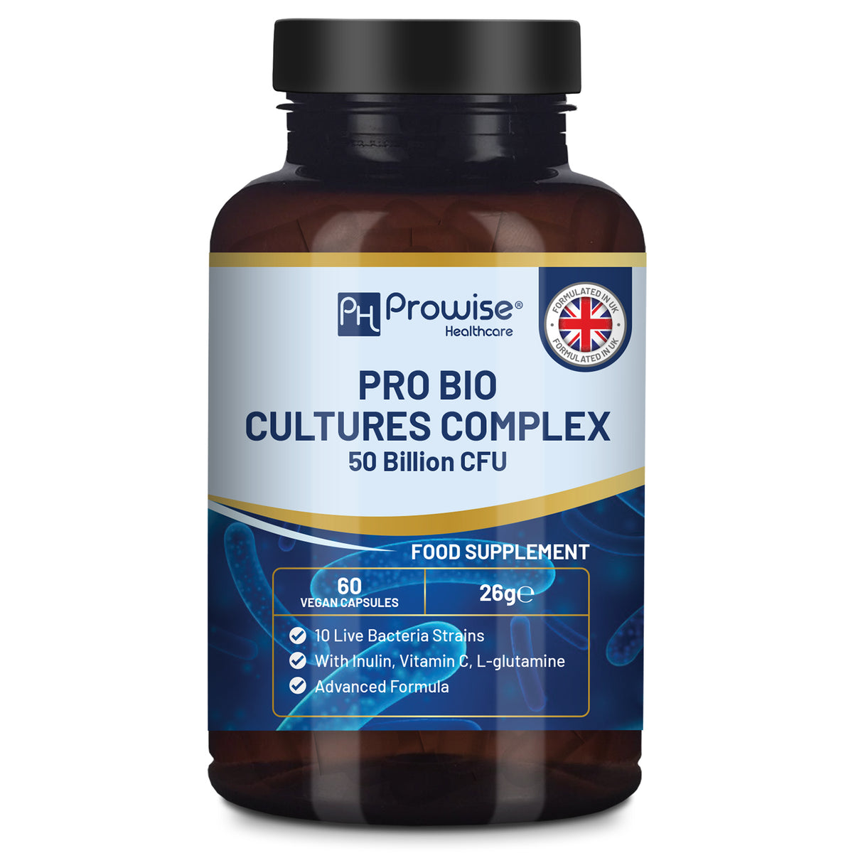 Pro Bio Cultures Complex Probiotics & Prebiotics with Inulin, L-Glutamine & Vitamin C – 60 Capsules