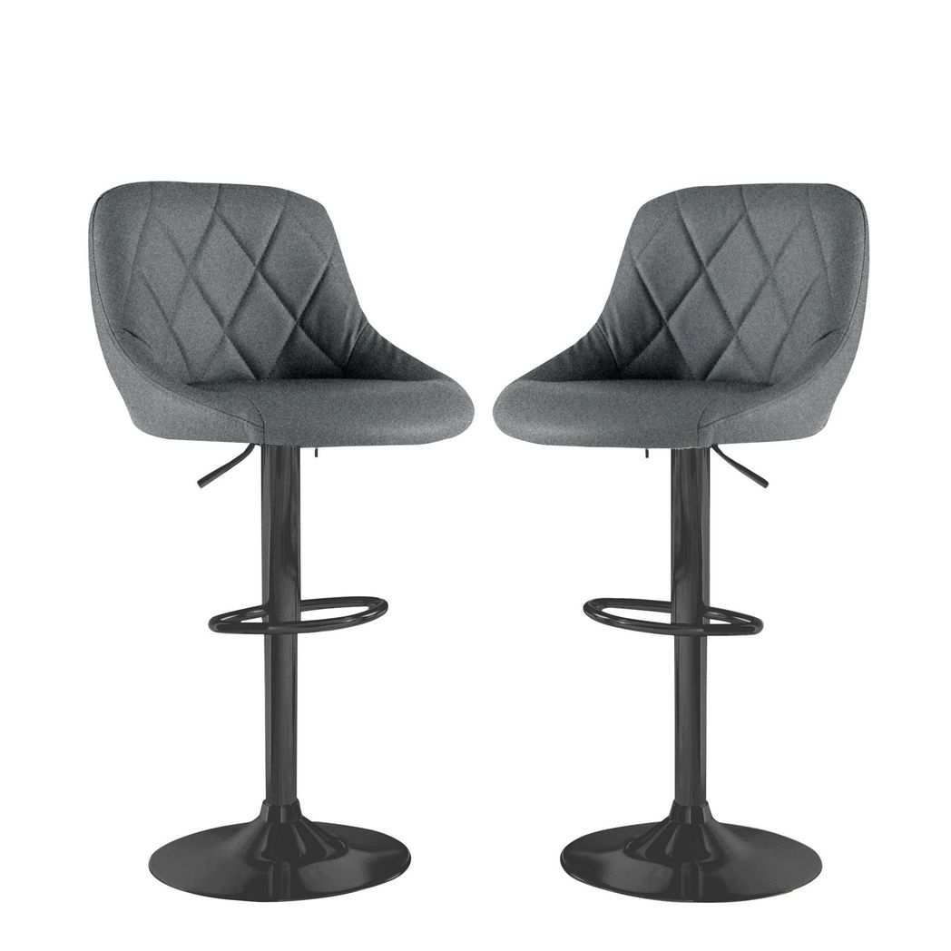 Neo Madrid Set of 2 Swivel Fabric Bar Stools – Gas Lift, Quilted Seat, Dark Grey