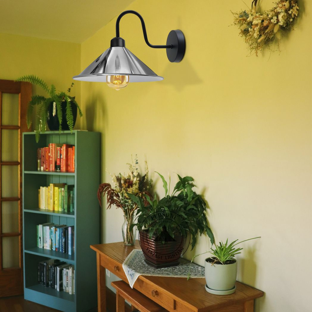 Vintage Swan Neck Wall Light with Cone Shade and E27 Socket – Dimmable Indoor Wall Sconce, Chrome
