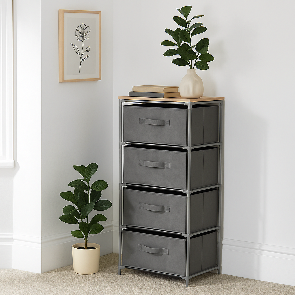 Avilo 4 Drawer Chest with Fabric Handles – Space-Efficient Storage for Bedroom, Bathroom or Office