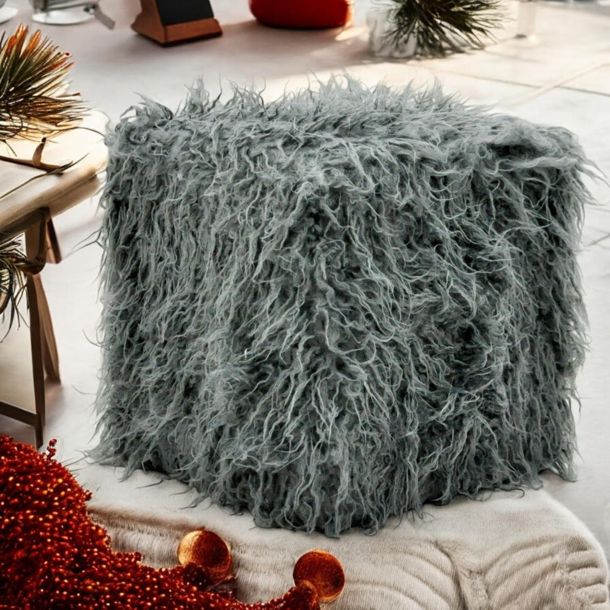 Dark Grey Faux Fur Cube Ottoman Footstool, 38cm – Super-Soft Sponge-Padded Footrest for Home or Office