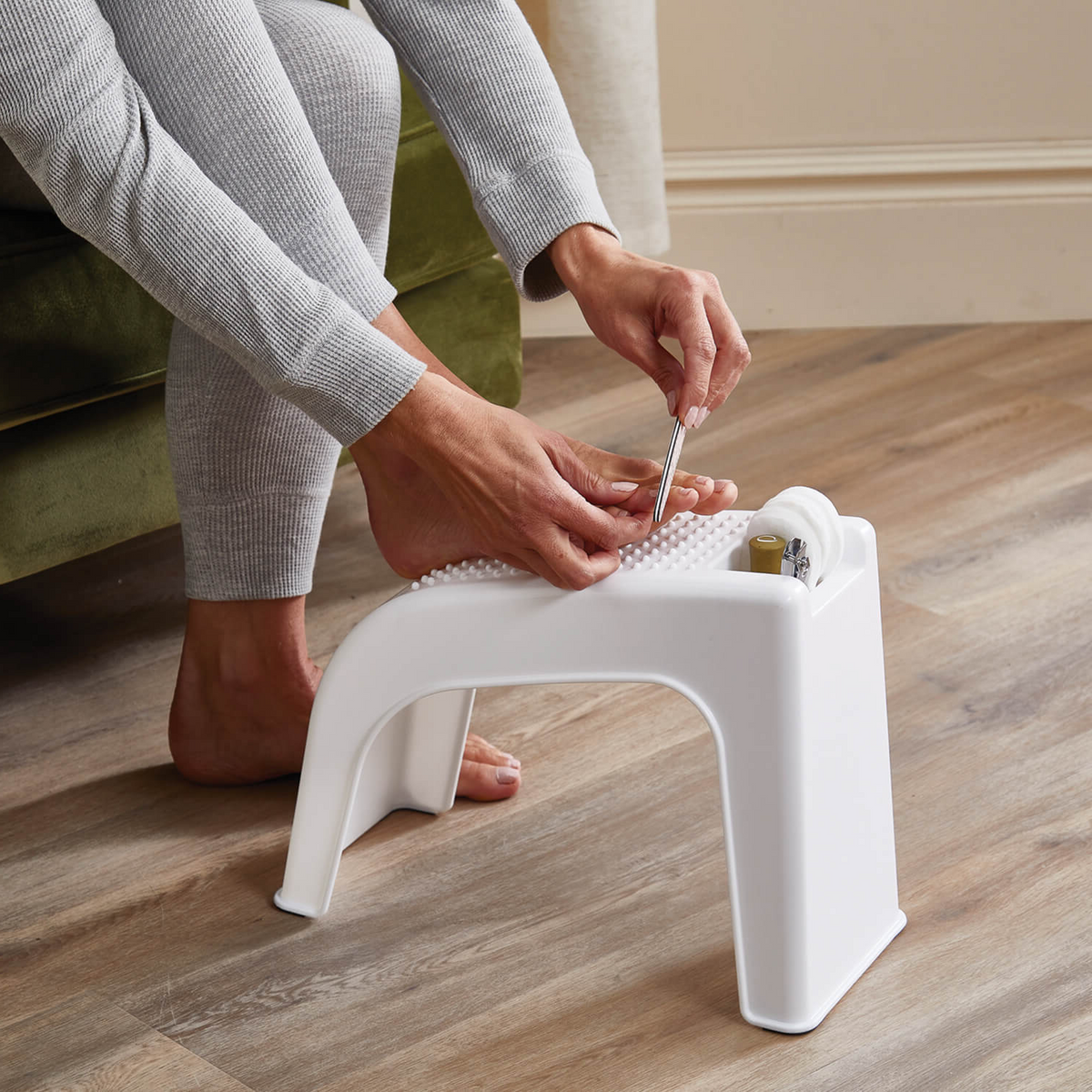 Avilo Chiropody Stool with Rear Storage Compartment – Slanted Foot Care Stool with Anti-Slip Massage Bumps