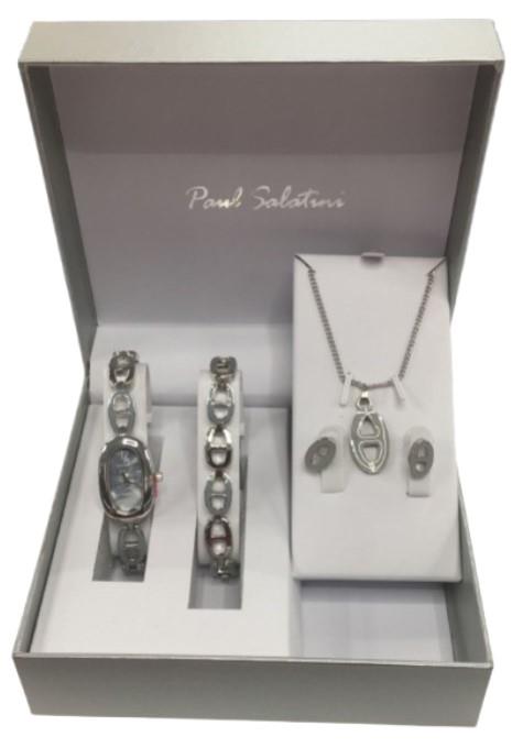 Paul Salatini Ladies Bling Watch Gift Set – Grey Dial Silver Bracelet Watch with Bracelet, Necklace & Earrings