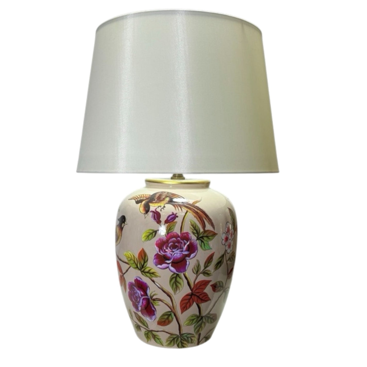 AcaciaHome Large Floral Ceramic Table Lamp with White Drum Shade – Modern Oriental Pattern Bedside Light