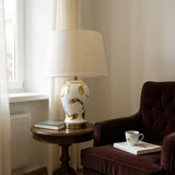 AcaciaHome Cream Ceramic Table Lamp with Drum Shade – Durable Striped Design, Handmade Shade