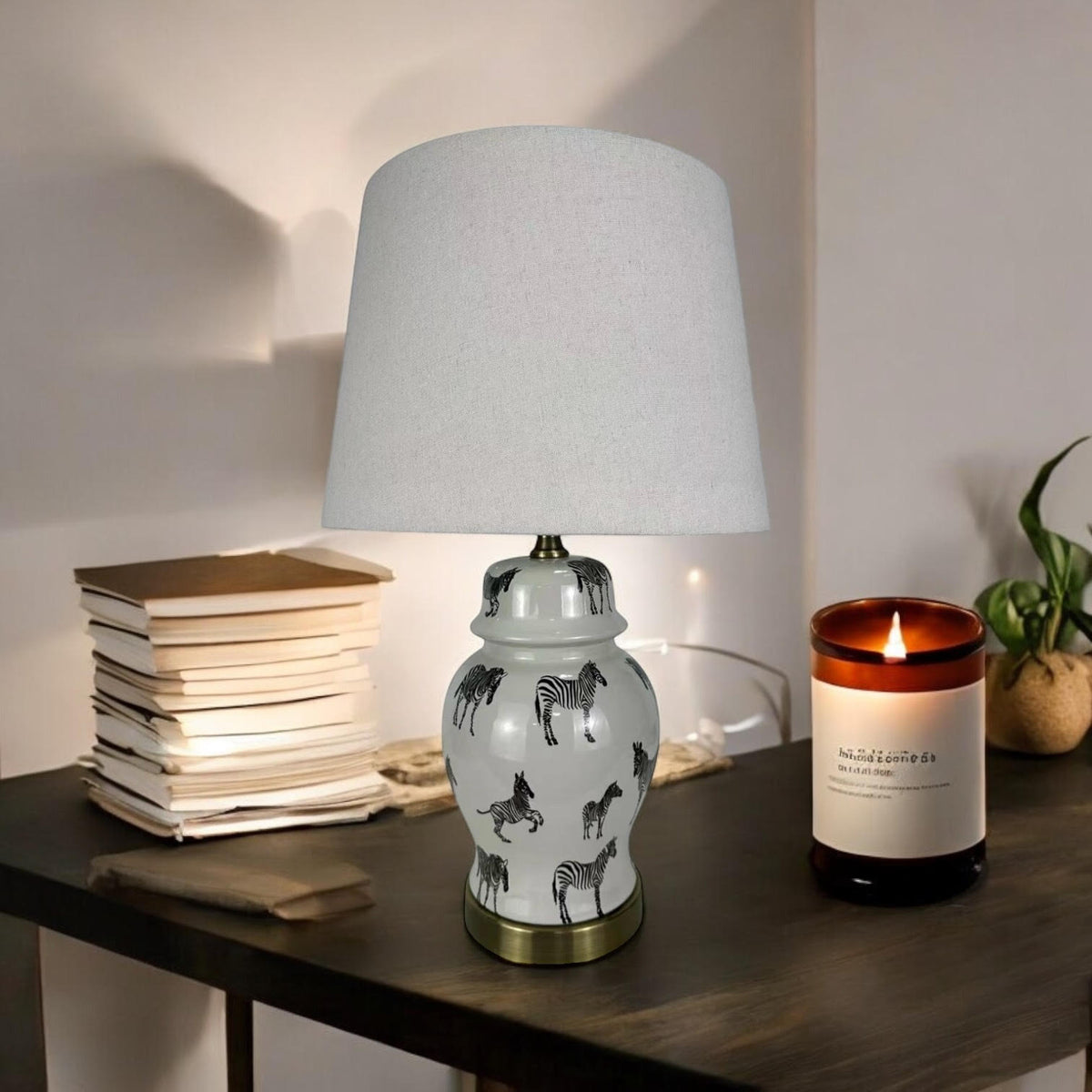 AcaciaHome Oriental Floral Ceramic Table Lamp with Drum Shade – Decal Patterns, Soft Ambient Lighting