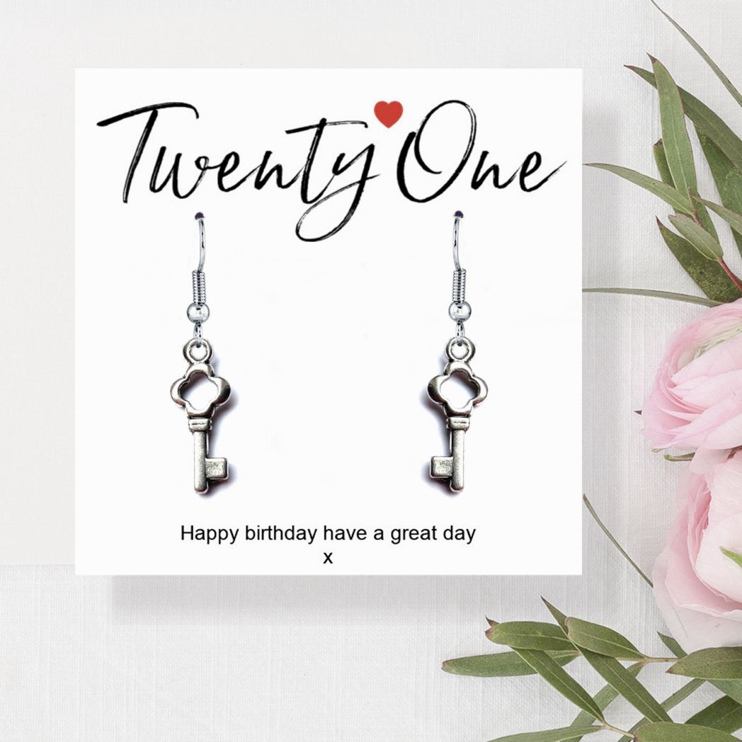 Aye Do Gifts 21st Birthday Silver Plated Key Charm Earrings on Message Card – Keepsake Gift in Black Gift Box
