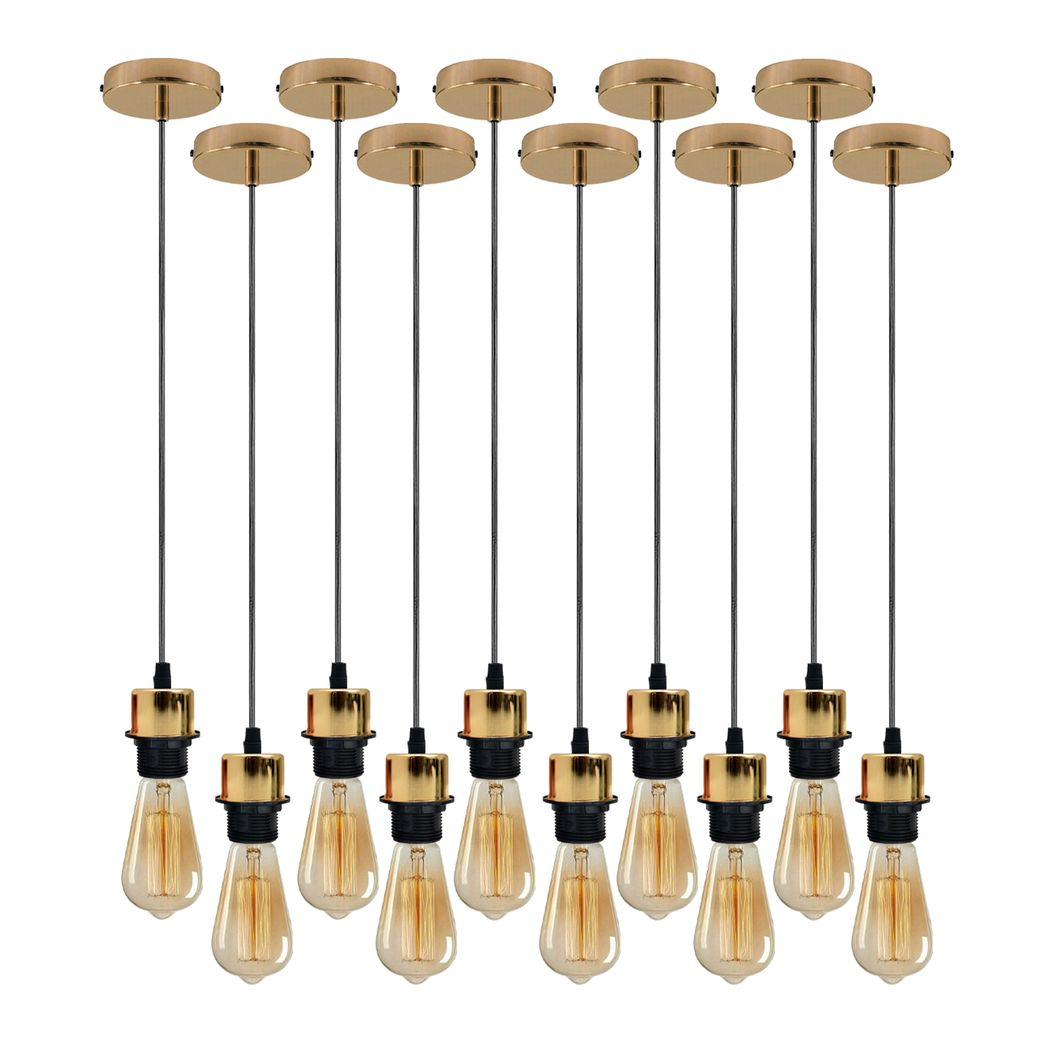 Industrial Pendant Light Fittings, Pack of 10 – E27 Lamp Holders with Ceiling Rose & 95 cm PVC Cable, French Gold