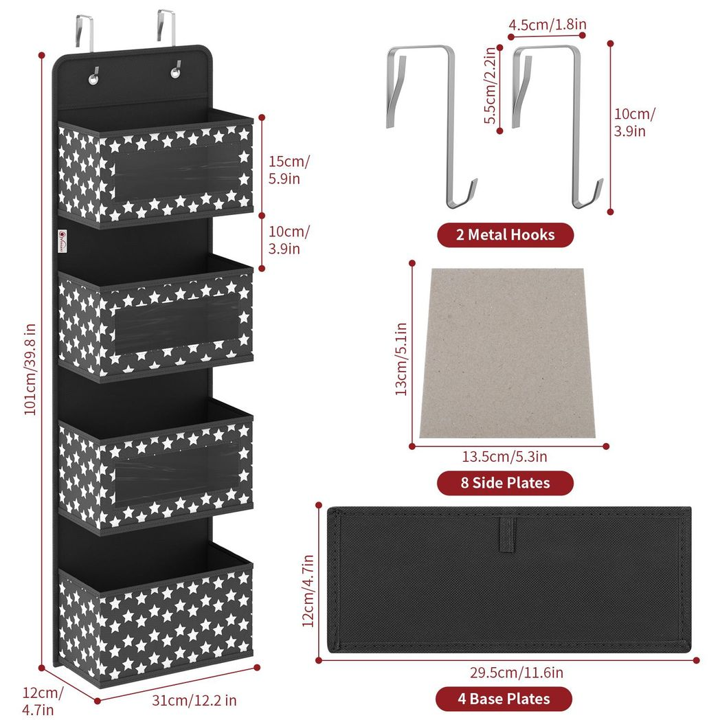Vinsani 4 Tier Over Door Hanging Organiser with Clear Pockets and Metal Hooks – Space Saving Storage, Black