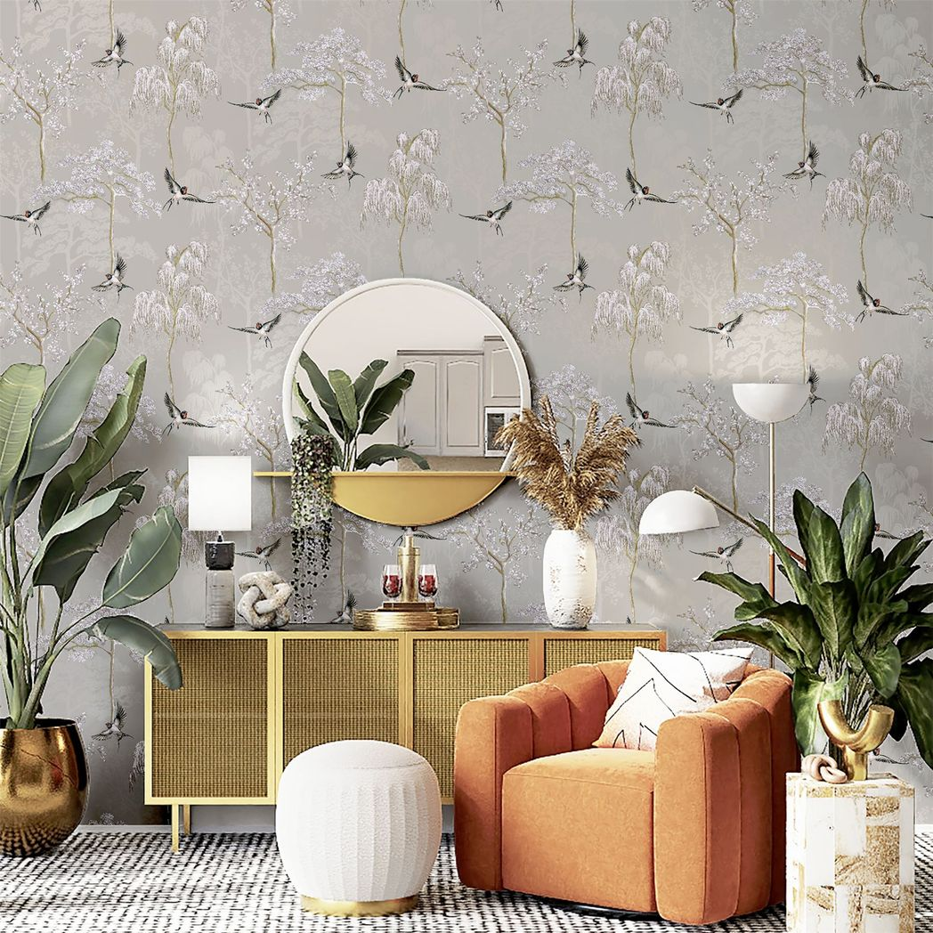 Arthouse Japanese Garden Wallpaper with Oriental Trees & Birds – Pearlescent Paste the Paper, Grey