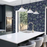 Arthouse Jasmine Garden Vinyl Wallpaper with Lilac Flowers and Metallic Touches – Hardwearing, Navy