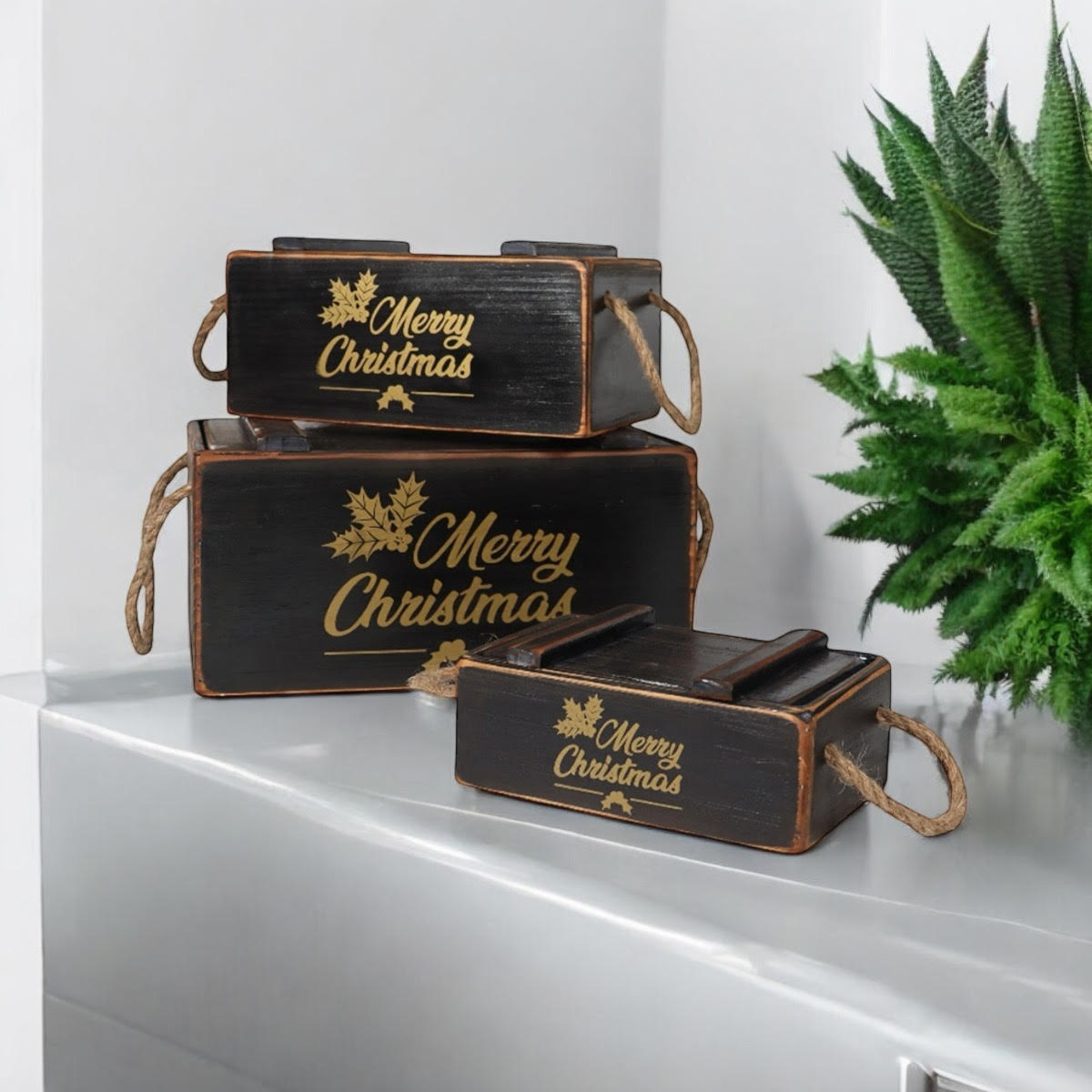AcaciaHome Vintage Wooden Merry Christmas Storage Crate Set with Sturdy Handles – Festive Rustic Decor